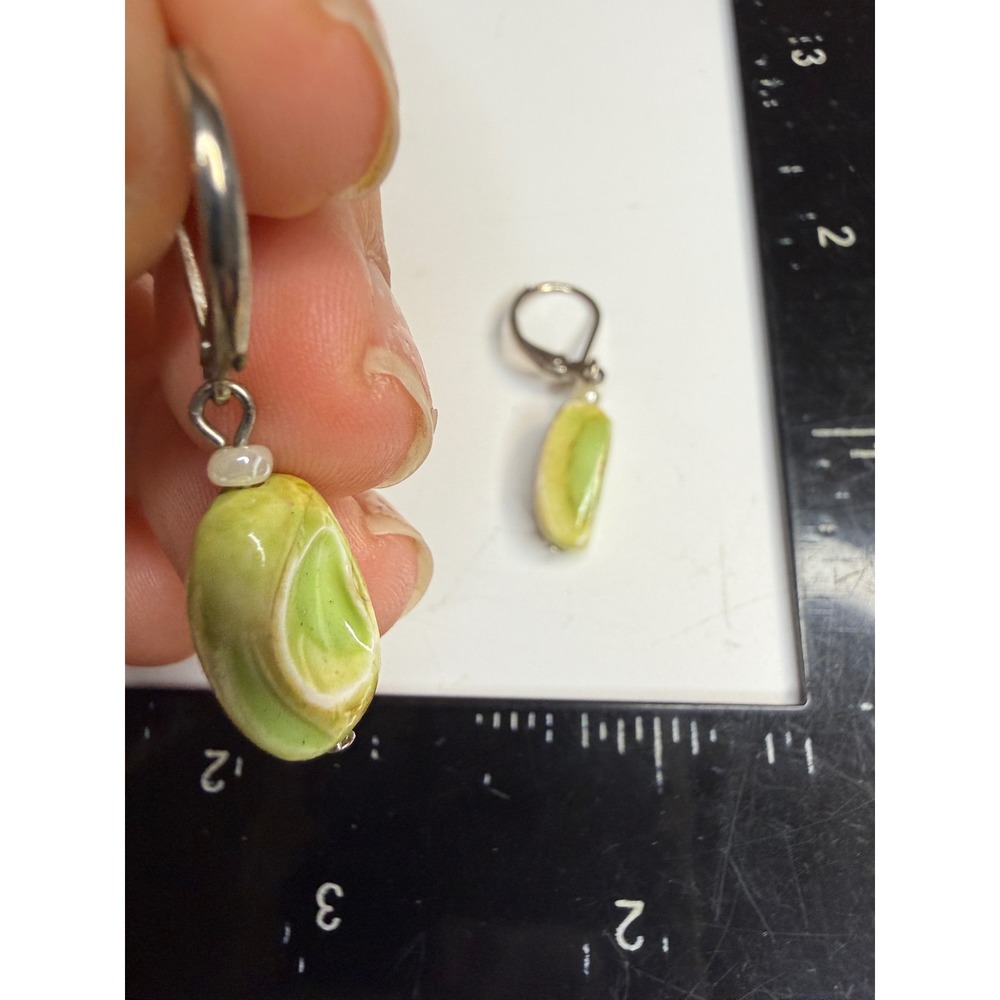 Artisan Ceramic Bean Drop Earrings Lime Green Glazed Dangle Lever Back